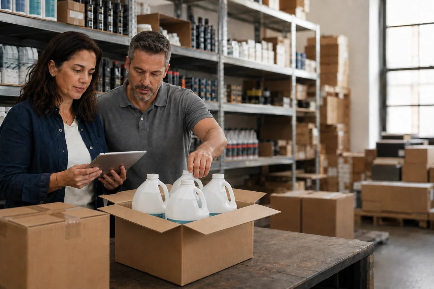 Illustration of a warehouse team checking supplier cartons before stocking shelves